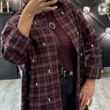 CAMICIA QUADRI OVER IN FLANELLA CON STRASS LUMINOSI stampa bordeaux