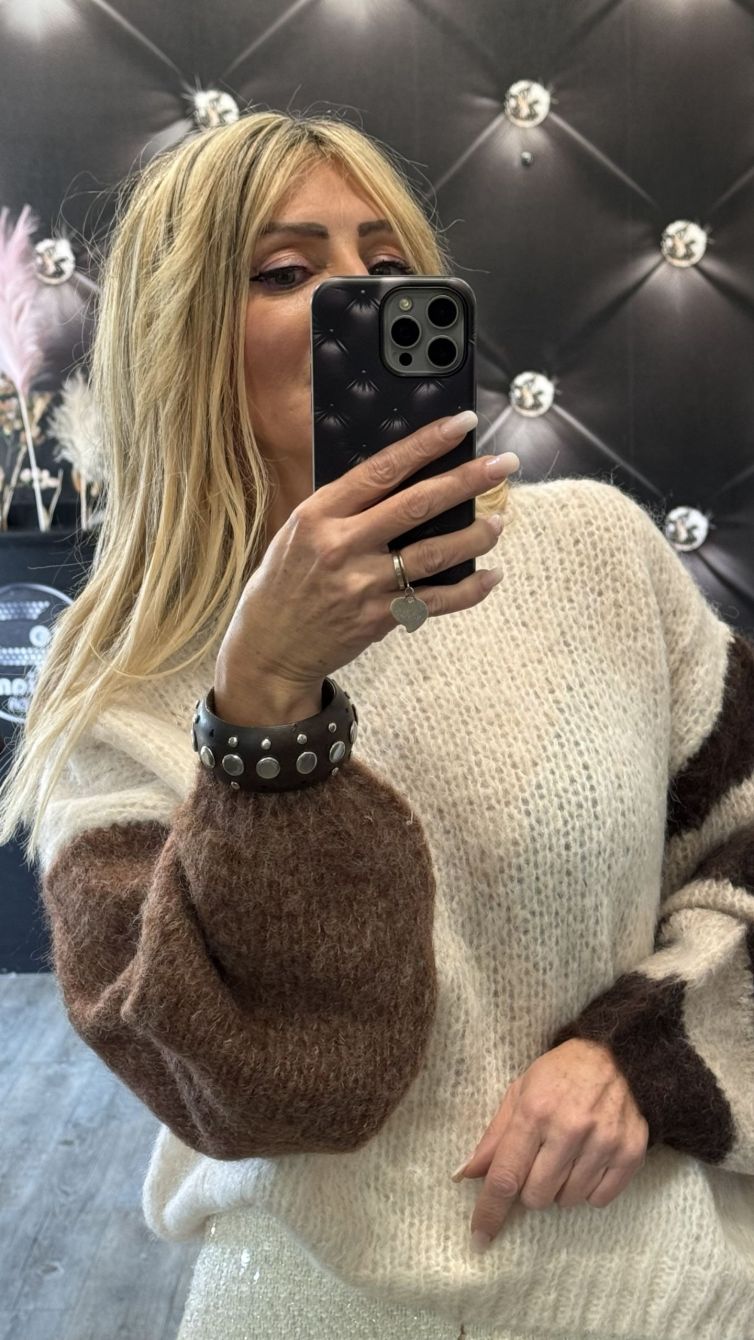 MAGLIONE SOFT BICOLORE panna e marrone