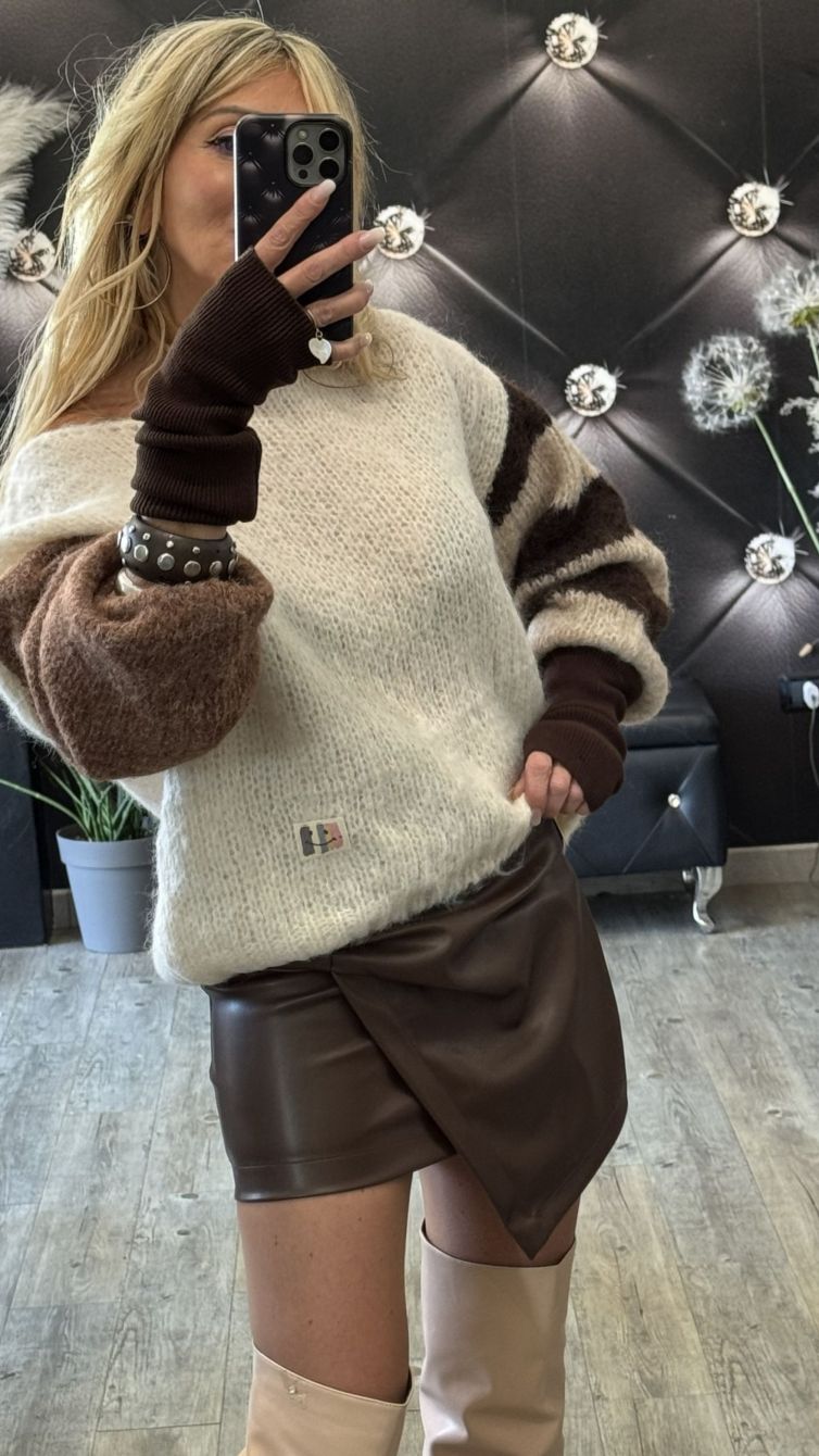 MAGLIONE SOFT BICOLORE panna e marrone