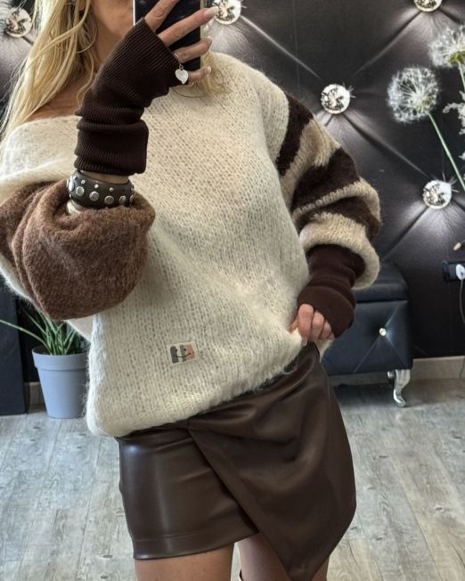 MAGLIONE SOFT BICOLORE panna e marrone