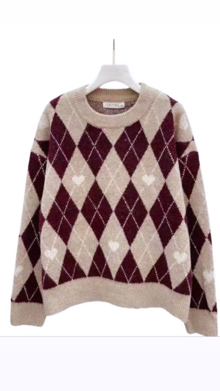 MAGLIONE MORBIDO FANTASIA ROMBI E CUORI bordeaux e beige