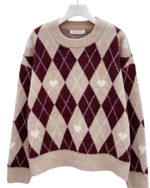 MAGLIONE MORBIDO FANTASIA ROMBI E CUORI  bordeaux e beige