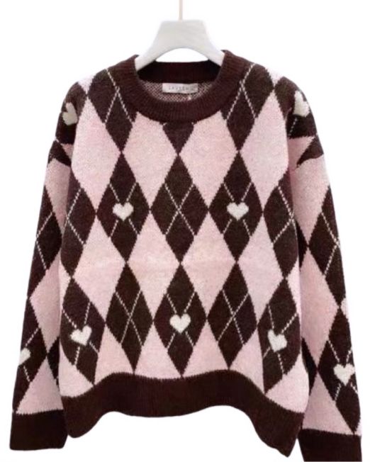 MAGLIONE MORBIDO FANTASIA ROMBI E CUORI  marrone e rosa