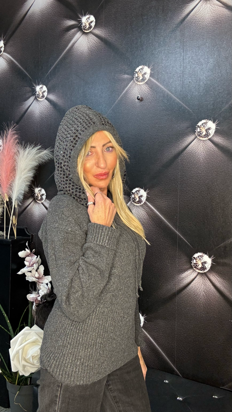MAGLIONE CON CAPPUCCIO PAILLETTES grigio scuro