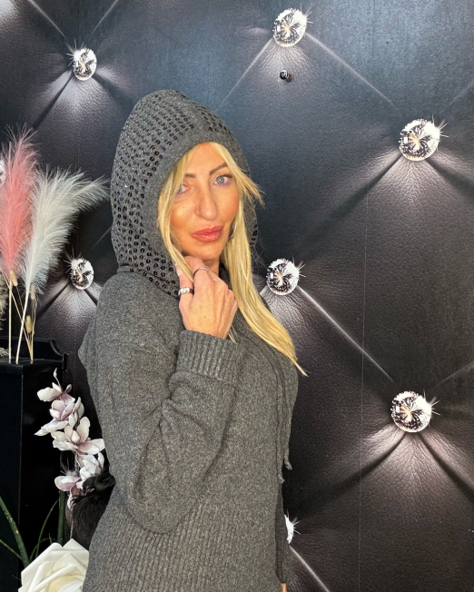 MAGLIONE CON CAPPUCCIO PAILLETTES grigio scuro