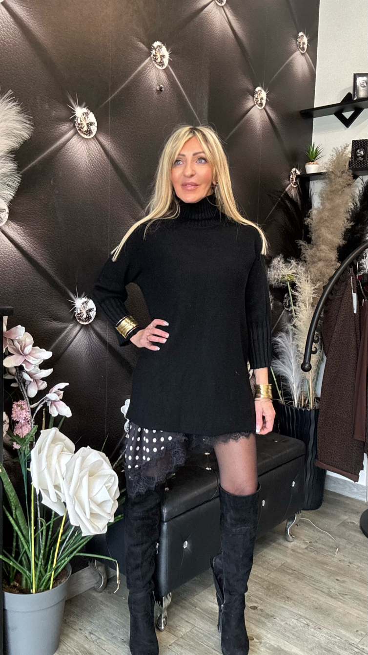 MAGLIONE COMFORT CON MEZZO COLLO E POLSINI A COSTE LARGHE nero