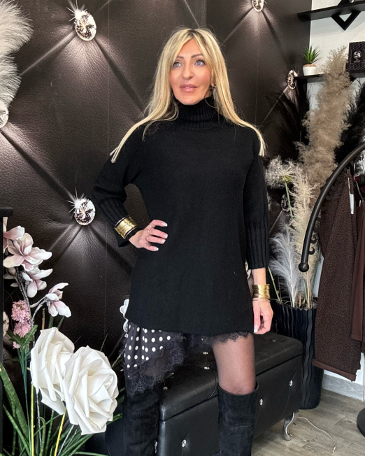 MAGLIONE COMFORT CON MEZZO COLLO E POLSINI A COSTE LARGHE nero