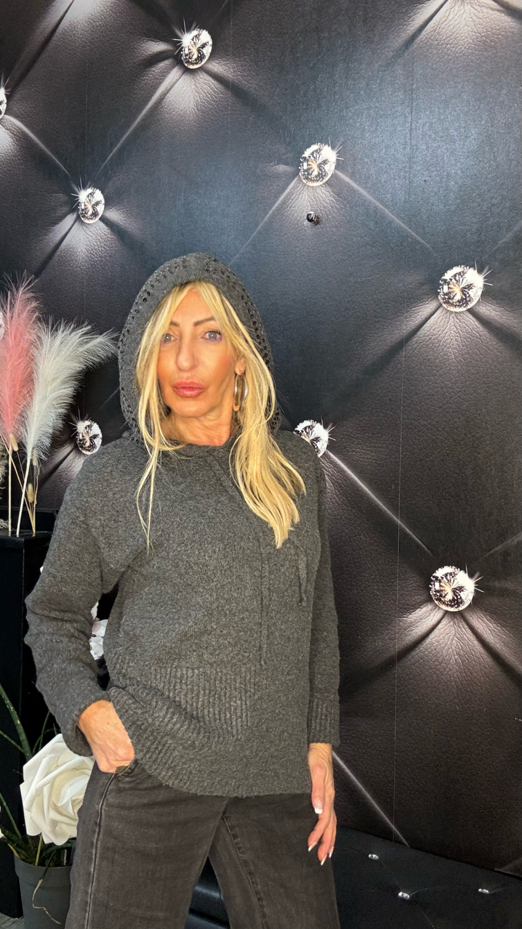 MAGLIONE CON CAPPUCCIO PAILLETTES grigio scuro