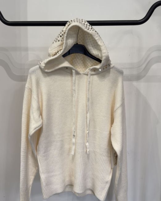 MAGLIONE CON CAPPUCCIO PAILLETTES panna