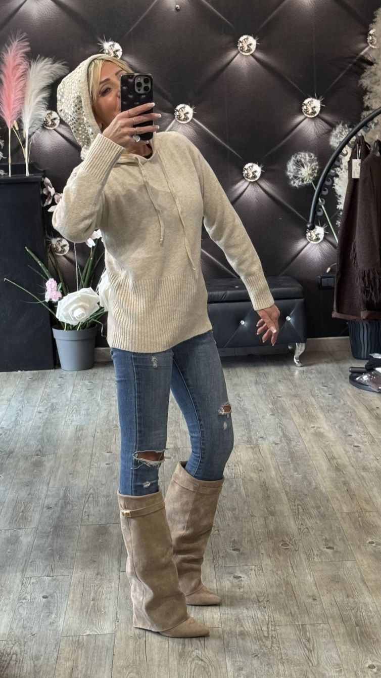 MAGLIONE CON CAPPUCCIO PAILLETTES beige