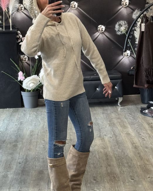 MAGLIONE CON CAPPUCCIO PAILLETTES beige