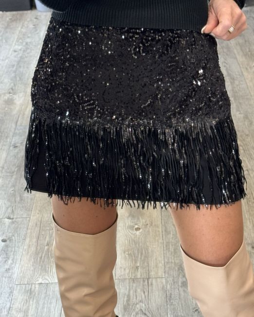 GONNA PAILLETTES E FRANGE nera