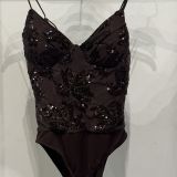 BODY SCINTILLANTE PAILLETTES FLOREALI marrone scuro