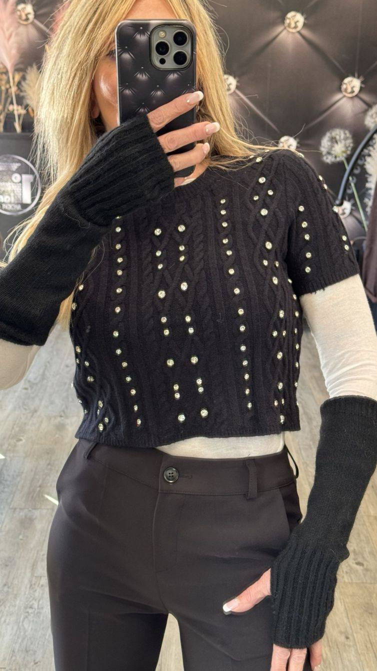 MAGLIA GLAMOUR MANICA CORTA CON STRASS nera