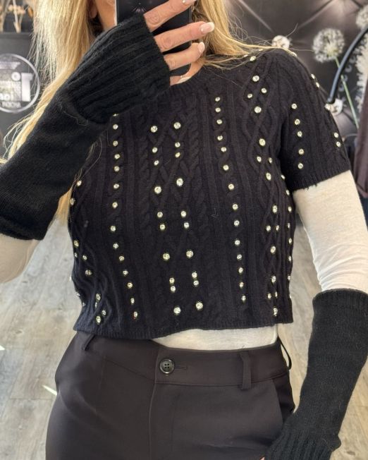 MAGLIA GLAMOUR MANICA CORTA CON STRASS nera