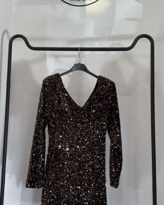VESTITO CORTO IN PAILLETTES SCOLLO V cioccolato