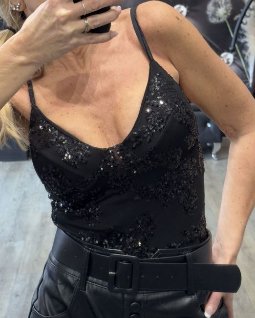 BODY SCINTILLANTE PAILLETTES FLOREALI nero