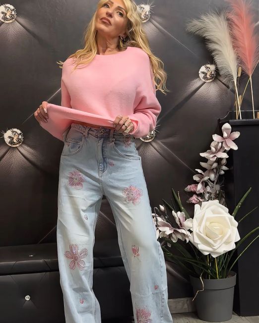 JEANS WIDE LEG CON FIORI DI CRISTALLO ROSA