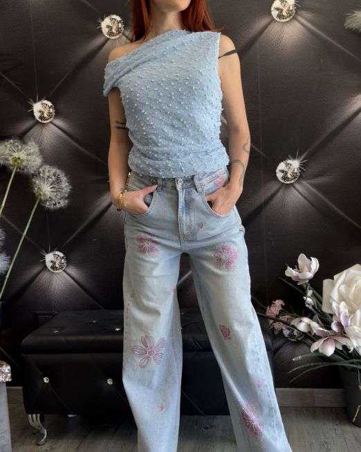 JEANS WIDE LEG CON FIORI DI CRISTALLO ROSA