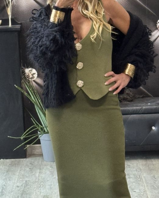 GONNA MIDI IN MAGLIA ELASTICIZZATA verde olio