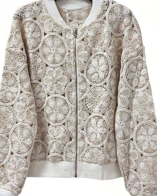 BOMBER IN PIZZO MACRAMÈ’ A FIORI colore panna e corda
