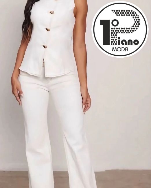 SET COORDINATO JEANS CON GILET SMANICATO E PANTALONE colore latte