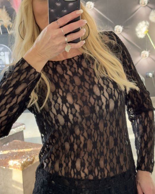 MAGLIA IN PIZZO FLOREALE SEMITRASPARENTE nero