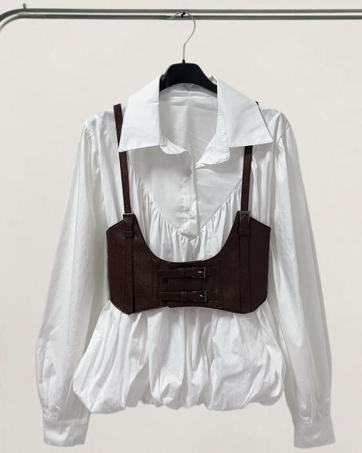 CAMICIA ARRICCIATA CON BUSTINO IN ECOPELLE bianca