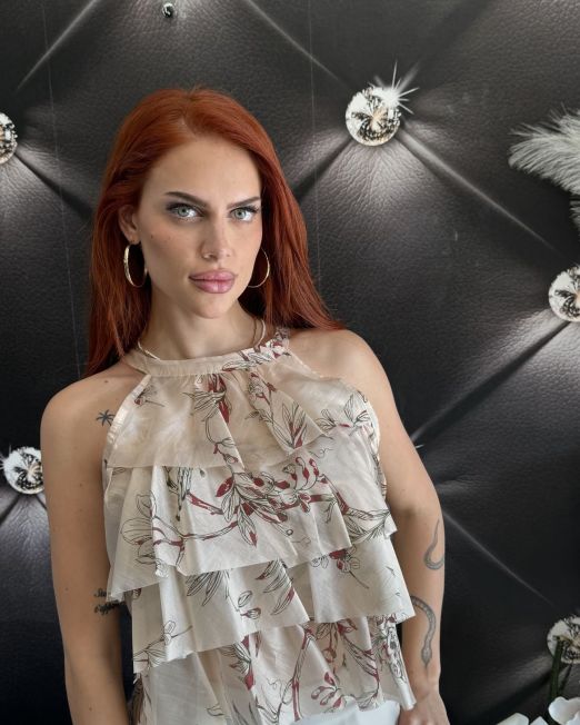 TOP HALTER STAMPA FLOREALE CON BALZE color cipria