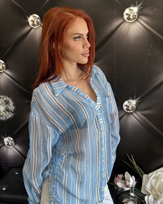 CAMICIA LEGGERA A RIGHE CON LACCETTI colore azzurro-panna