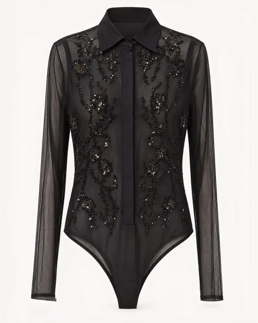 BODY ELEGANTE IN TULLE CON PAILLETTES nero