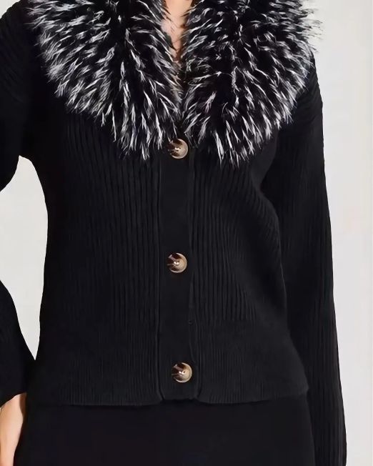 Cardigan in Maglia a Coste con Collo in Eco pelliccia vari colori
