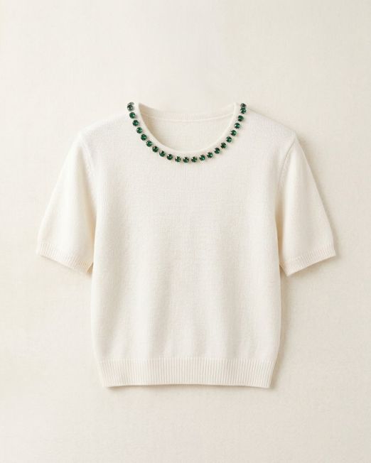 MAGLIA MANICA CORTA CON SCOLLO DECORATO DA GEMME VERDI colore marrone