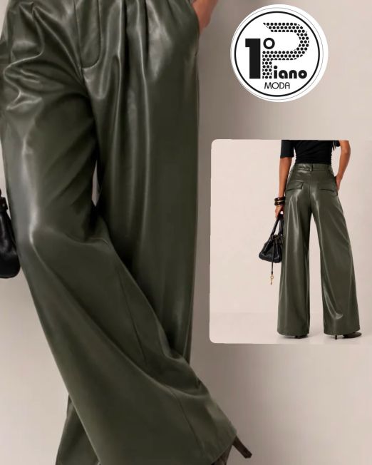 PANTALONE PALAZZO IN ECOPELLE CON CHARM CHIAVE DORATO verde olio