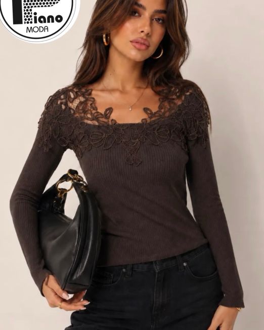MAGLIA IN MISTO CASHMERE A COSTINE CON SCOLLO IN PIZZO – cioccolato