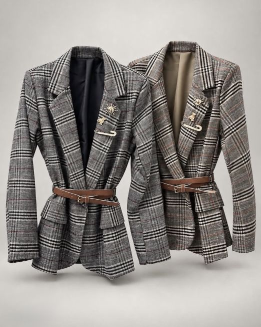 BLAZER CHECK CON CINTURA E SPILLE GIOIELLO