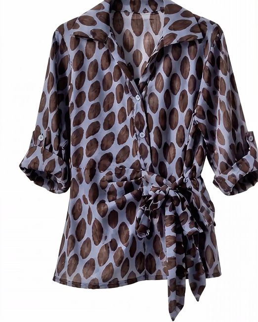 CAMICIA CON FIOCCO IN MUSSOLA DI COTONE AZZURRA E MARRONE