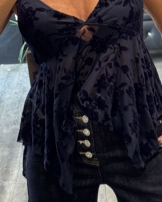 TOP IN TULLE SVASATO CON FIORI IN VELLUTO DEVORÉ blu