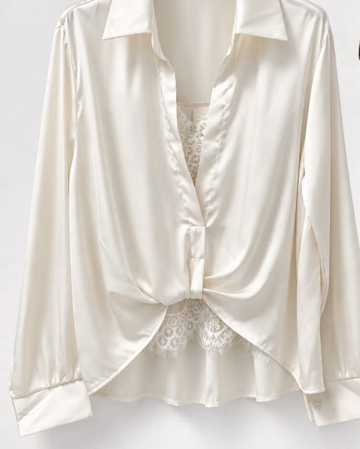 BLUSA IN SATIN CON INSERTO IN PIZZO panna