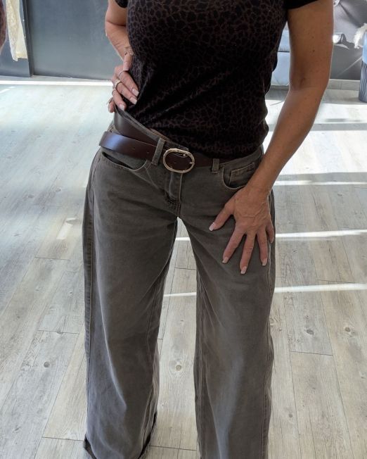 JEANS WIDE LEG CON CANNELLI LATERALI E GAMBA AMPIA color fango