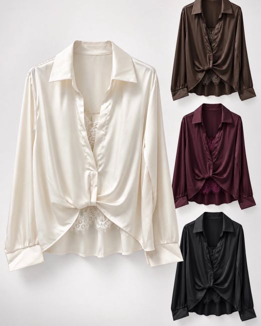 BLUSA IN SATIN CON DETTAGLI IN PIZZO E NODO SUL DAVANTI vari colori