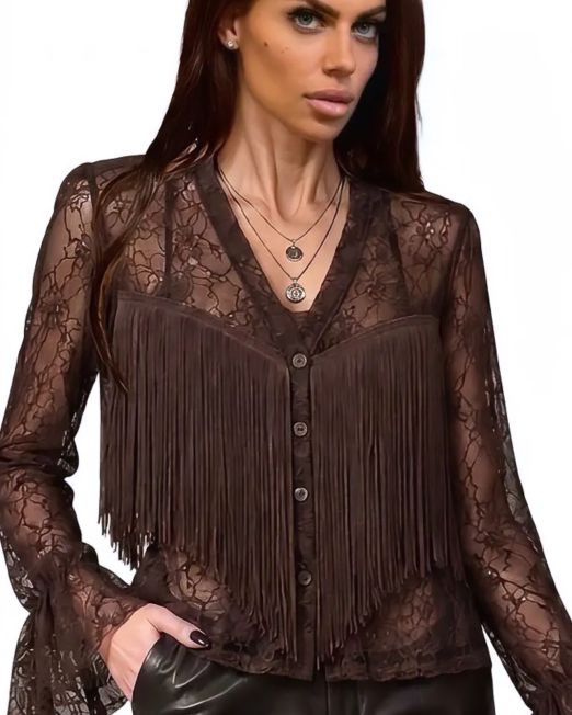 CAMICIA IN PIZZO CON FRANGE marrone