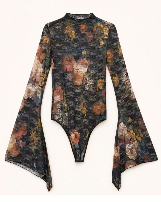 BODY IN PIZZO CON STAMPA FLOREALE E MANICHE A CAMPANA