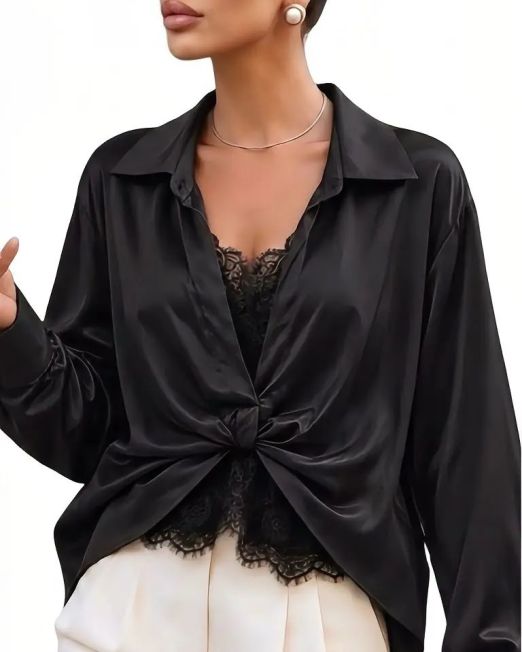 BLUSA IN SATIN AVORIO CON DETTAGLI IN PIZZO E NODO SUL DAVANTI color nero