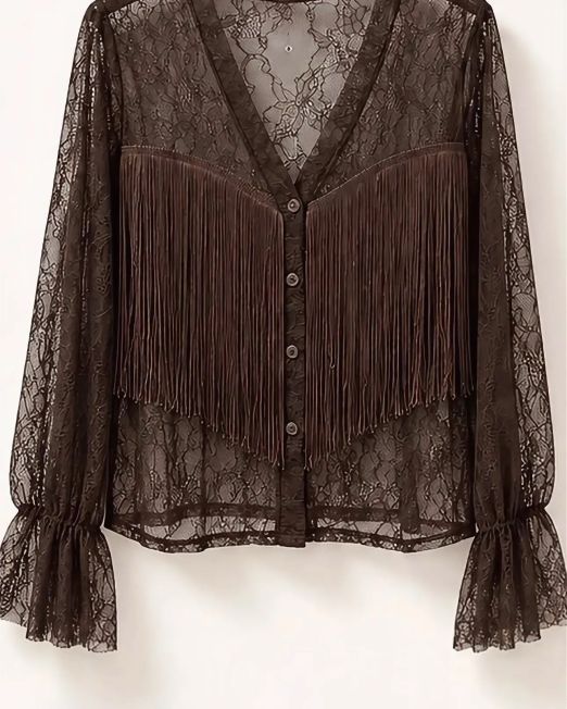 CAMICIA IN PIZZO CON FRANGE marrone