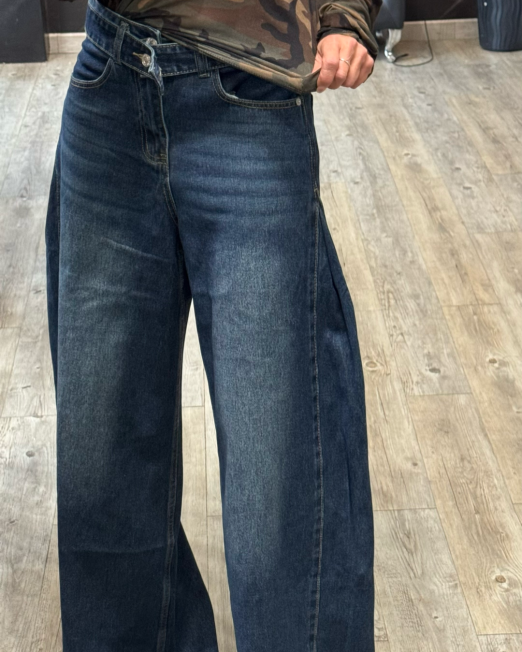 JEANS A GAMBA AMPIA CON CANNELLI LATERALI lavaggio blu scuro