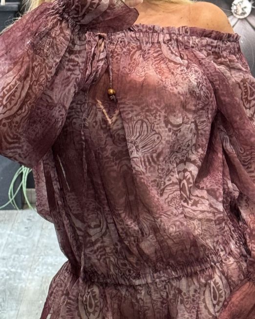 BLUSA BARDOT IN STAMPA PAISLEY SEMITRASPARENTE bordeaux