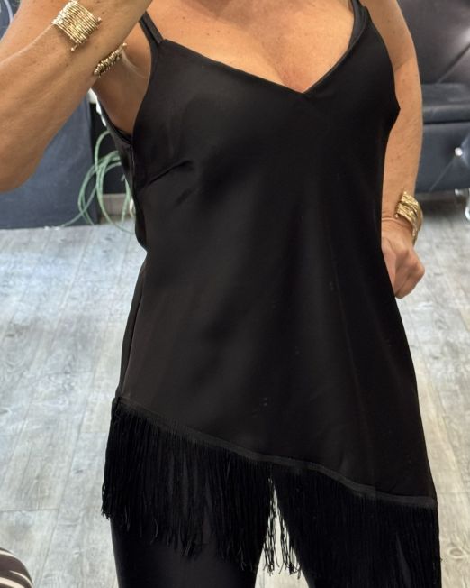TOP IN SATIN ASIMMETRICO CON FRANGE nero