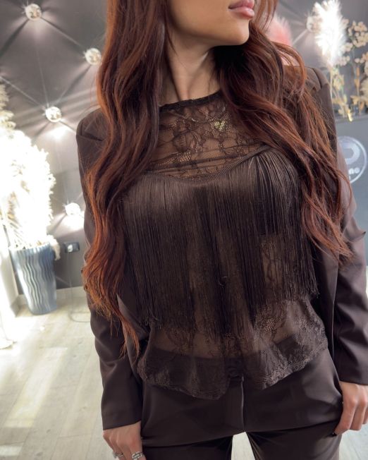 MAGLIA IN PIZZO CON FRANGE DECO’ cioccolato
